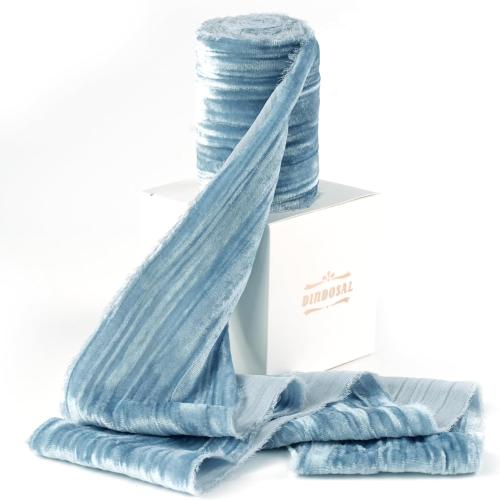 Dusty Blue Velvet Ribbon 3 inch Blue Frayed Velvet Ribbon Crinkle Blue Silk Velvet for Wreaths, Christmas Tree Decoration, Flower Bouquet, Gift Wrapping, Bows, Wedding -3 Yards