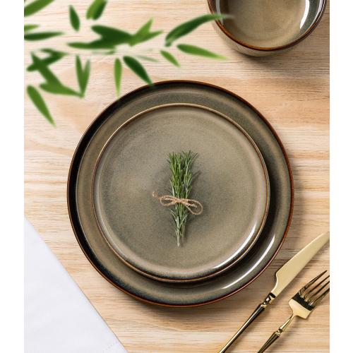 Set of 18 Color Brown TheTerra Ceramic Dinnerware Sets for 6, 18 Pieces Handmade Reactive Glaze Plates and Bowls Set, Scratch Resistant Dish Set, Oven & Microwave & Dishwasher Safe, Coca Mocha