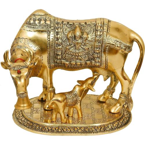 Brass Cow with Calf and Krishna Idol Showpiece in Brass for Home Decor | Gift Item | Pack of 1 (Golden)