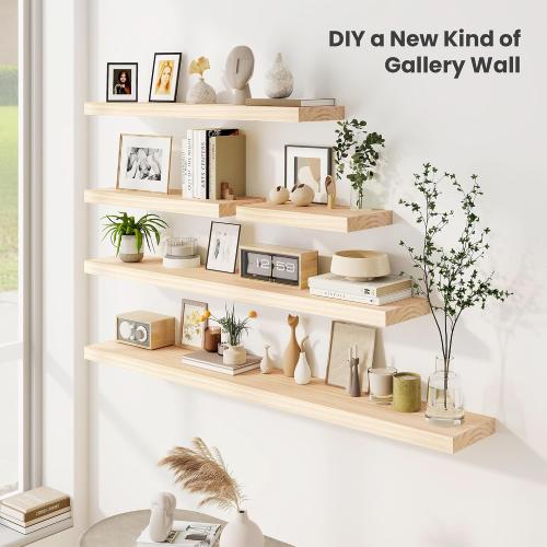 Fun Memories Wood Floating Shelves Set of 2, Rustic Pine Wood Floating Shelves for Wall Mounting, Wide Wall Shelf for Home Decor and Storage, 16 W x 7 D, Natural Unfinished, DIY Stain