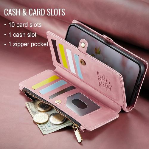 Defencase Compatible with iPhone 17 Case Wallet with RFID Blocking Card Holder for Women and Men, Fashion PU Leather Magnetic Snap Flip Zipper Strap Wallet Phone Case for iPhone 17 6.3, Rose Pink