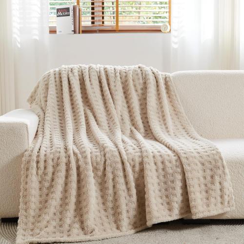 NEWCOSPLAY Super Soft Throw Blanket Linen Premium Silky Flannel Fleece 3D Waffle Checkered Lightweight Bed Blanket All Season Use (Linen, Throw(50x70))