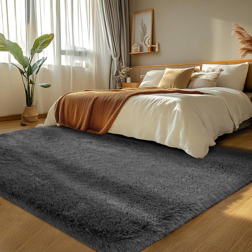 Fluffy Fuzzy Area Rug for Bedroom: Ultra Soft Grey Plush Throw Rug - 4x6