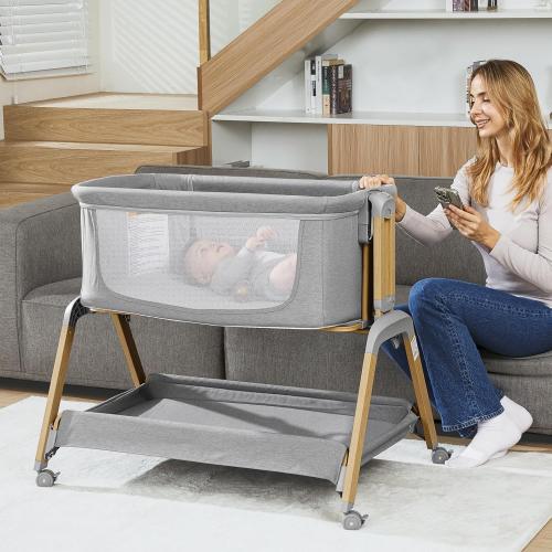 3 in 1 Baby Bassinet, Rocking Bassinets with Comfy Mattress and Wheels, Adjustable Height Bassinet Bedside Sleeper, Easy Folding Portable Crib for Newborn (Grey)
