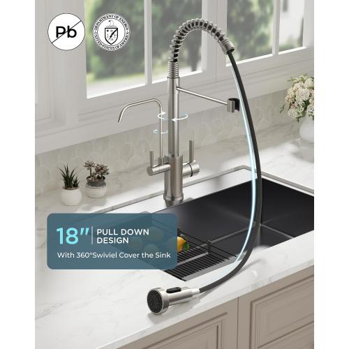 FORIOUS Kitchen Faucet with Purfied Water Filter, 2 Handle, Brushed Nickel | Lead-Free Stainless Steel, 2-in-1 Pull Down Sink Faucet and Drinking Water Faucet, for Laundry Utility Room, Outdoor Camper