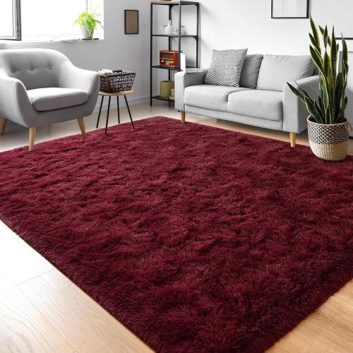 Fluffy Burgundy Red Rugs for Bedroom, Dark Red Area Rug for Living Room, Soft Shaggy Plush Cute Floor Carpet for Boys Kids Girls Bedroom, Non Slip and Washable Carpets for Home Decor