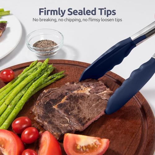 600ºF Heat Proof Kitchen Tong: U-Taste 7 Silicone Cooking Tong with Firm Sealed Non Stick Rubber Tips & Silicon Coated 18/8 Stainless Steel Handle & Smooth Locking for Serving Salad (Midnight Blue)