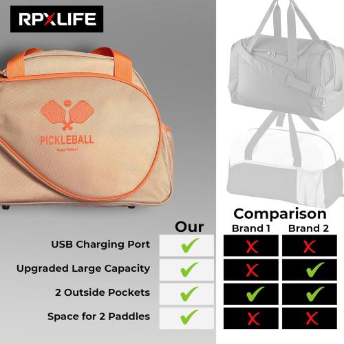 Pickleball bag, Pickleball Bags for Women, Pickleball Bags for Men, Premium Large Capacity Pickle Ball Bag with USB Charging Port, Pickleball Accessories, Pickleball Gifts For Women, Orange & Khaki