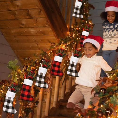 Skylety 24 Pcs Christmas Stockings Bulk Mini Xmas Buffalo Plaid Stocking Plush Cuff Hanging Decorations for Holiday Party Favors