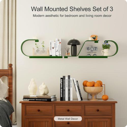 Green Floating Shelves Set of 3, Green Metal Decor, Unique Mounted Floating Shelf, Modern Long Wall Shelf, Large Wall Shelves for Bedroom, Bathroom, Living Room