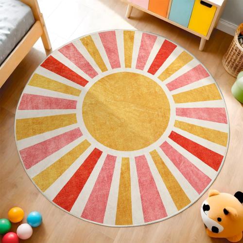 Size 4ft Classroom Rug 4Ft, Round Washable Accent Rug for Kids Colorful Sun Rainbow Throw Carpet for Living Room Soft Thin Mat Non-Slip Low Pile Circle Rug for Nursery Bedroom Playroom