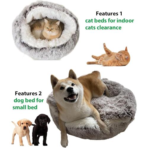 ShinHye Cat Bed Round Plush Fluffy Hooded Cat Bed Cave, Cozy for Indoor Cats or Small Dog beds, Soothing Pet Beds Doughnut Calm Anti-nxiety Dog Bed - Waterproof Bottom Washable