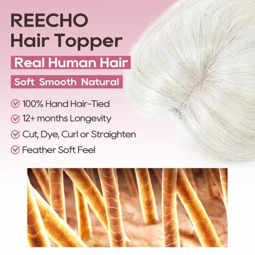REECHO 10 Real Human Hair Topper for Women with Thinning Hair, Clip-in Crown Hairpiece for Instant Volume and Gray Root Coverage Real Hair Toppers Wiglett, Standard Base, Light Blonde