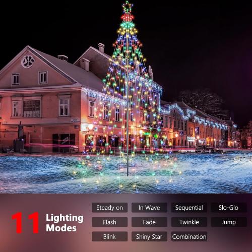 Lomotech Christmas Tree Lights - 10Ft 404 LED with 7.08 Topper, Remote Controll Waterproof Iron Pole Waterfall Lights for Outdoor Christmas Decorations (Multicolor)