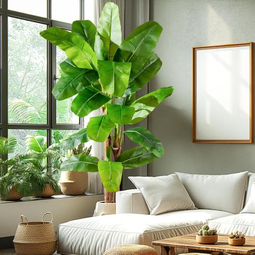 7.2FT Artificial Banana Tree Tall Fake Banana Leaf Plant Faux Banana Silk Tree Faux Banana Leaves for Home Swimming Pool Indoor Outdoor Patio Tropical Decor