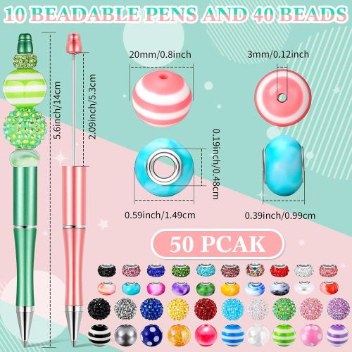 Yexiya 10 Pieces Beadable Pens Bulk with 40 Pcs Assorted Colors Beads for DIY Pen Making Kit Black Ink for Students, Teachers, School Supplies, Office Item(Bright Color,Fresh Style)