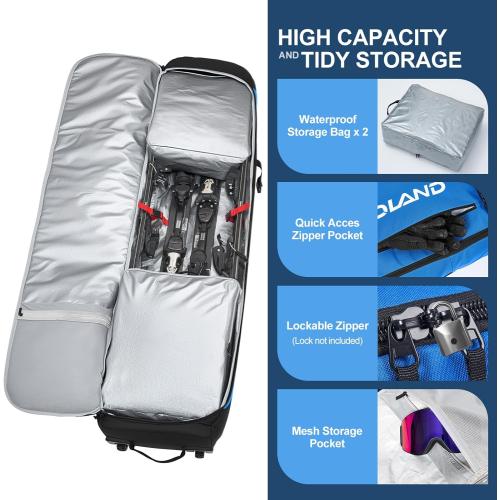 Odoland Rolling Ski Bag, Padded Snowboard Bags with Wheels for Air Travel, 900D Water Resistant Oxford Fabric and Extra 2 Dry Bag, Fits Skis Up to 170/190cm