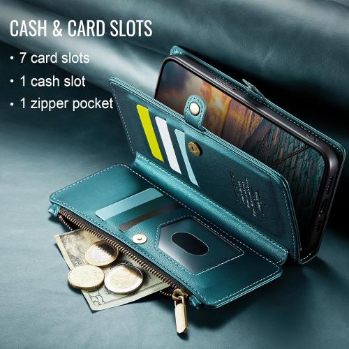 Defencase Compatible with iPhone 16 Case Wallet with RFID Blocking Card Holder for Women Men, Fashion PU Leather Magnetic Snap Flip Zipper Strap Wallet Phone Case for iPhone 16 6.1, Blue Green