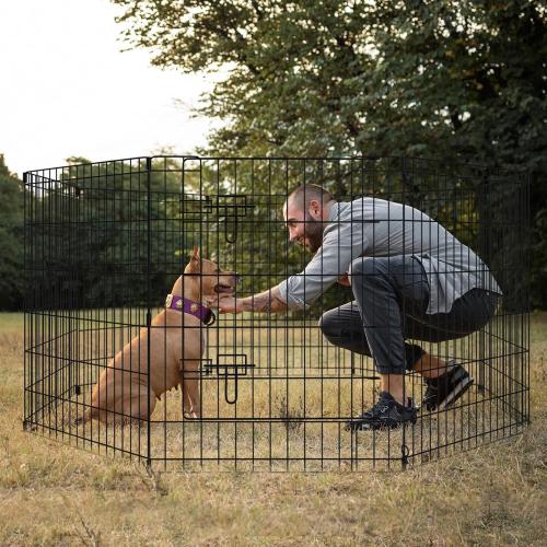 Dog Pen Pet Playpen Dog Fence Indoor Foldable Metal Wire Exercise Puppy Play Yard Pet Enclosure Indoor Outdoor 8 Panels 30 Inch with Bottom Pad/Top Cover(Black 30 top Cover)