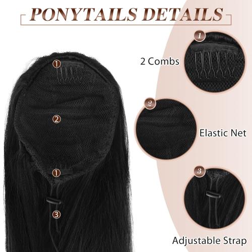 FESHFEN Straight Ponytail Extensions, Long Drawstring Pony Tails Synthetic Hair Piece Clip in Ponytails Hairpieces for Women, Natural Black 28 inch