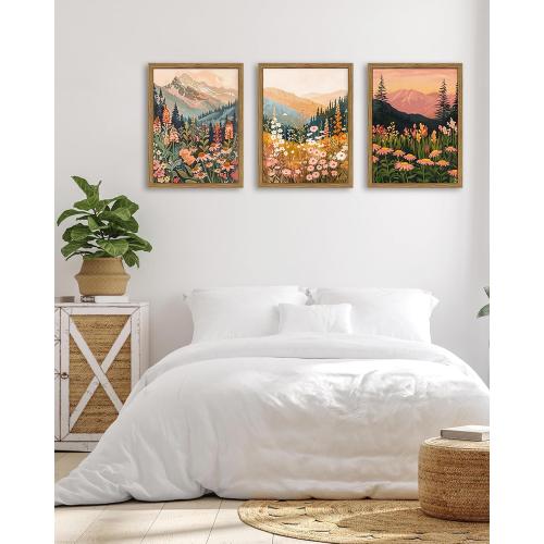 Boho Colorful Landscape wall art Wildflower Mountain Wall Decor Vintage Floral Forest Paintings Rustic Nature Pictures Canvas Prints for Living Room Bedroom Dining Room 16x24 Inch Wood Framed