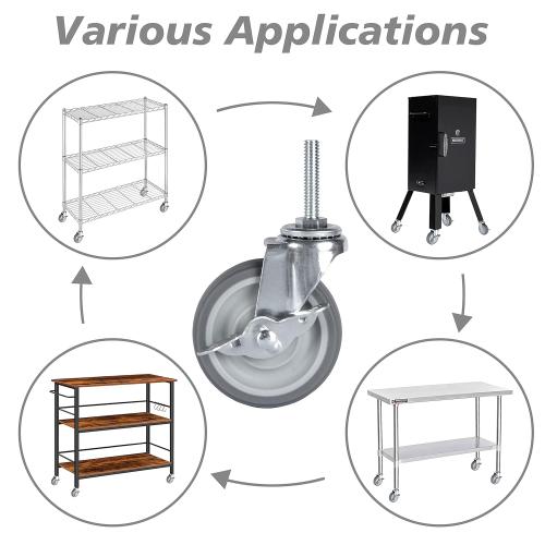Set of 4 Size 3 inch Finnhomy Caster Wheels 3 Inch Set of 4 Heavy Duty Threaded Stem Casters 5/16-18x1-1/2 Swivel Rubber Industrial Castors Locking Wheels for Wire Shelving/Furniture/Carts Load Bearing 720 Lbs Gray