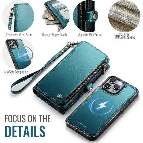 Defencase for iPhone 16 Pro Max Magnetic Wallet Case Compatible with Magsafe with RFID Blocking Zipper Strap Card Holder for Women PU Leather Detachable Case for iPhone 16 Pro Max (6.9), Blue Green