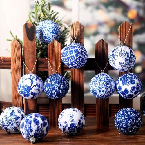 Preboun 12 Pcs Christmas Chinoiserie Ball Ornaments Blue and White Chinoiserie Tree Decoration Christmas Tree Hanging Ornaments Fabric Wrapped Home Xmas Decor for Modern Party (Blue,2.76 Inch)