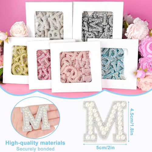 ASTARON 52 Pcs Self Adhesive Letter Patches Pearl Rhinestone Letter Stickers, Glitter Rhinestone Letters A-Z Embroidered Applique Patches Alphabet Cloth Patch for Clothes, Bags, Hat, Phone Case, DIY