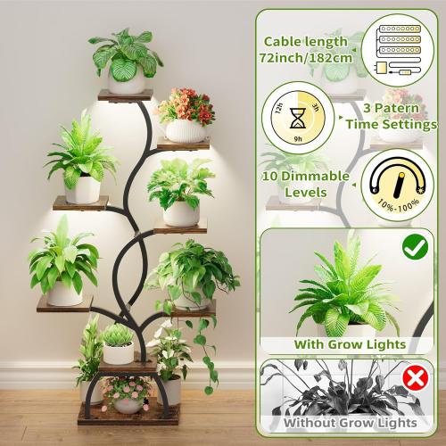 Plant Stand Indoor with Grow Light - 8 Tiered Plant Shelf Indoor, Corner Plant Stand, 49 Tall Plant Shelf with Lights for Indoor Growing, Lighted Flower Holder for Living Room, Balcony, Black