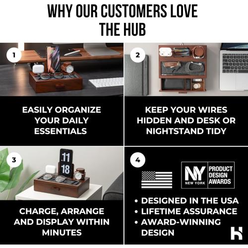 Color brown Holme & Hadfield Premium Wooden Phone Docking Station with Drawer – Nightstand Organizer for Charging Phone & Earbuds – Declutter Your Space with Felt-Lined Protection & Watch Pillar - Gift For Men