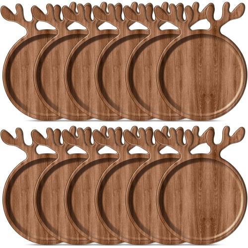 Ziliny 12 Pcs Christmas Appetizer Platter 12 Inch Cutting Board Acacia Serving Trays Wood Charcuterie Board Tray Snack Dessert Candy Dish Plate for Kitchen Gifts (Deer Antler)