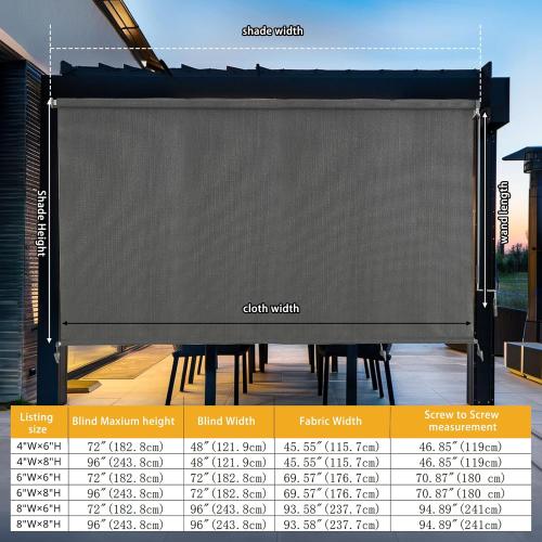 Outdoor Roller Shades，Cordless Patio Roller Up Blinds with Shade Cloth for Porch Gazebo Pergola Balcony Backyard，2 Poles & 1 Fabric，Grey，72 Wx96 H
