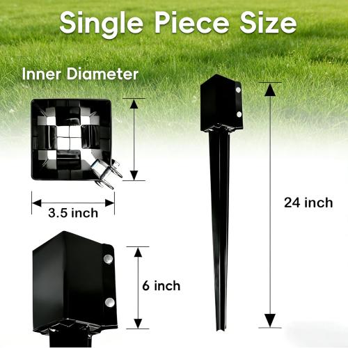 4 Pack 24'' Fence Post Anchor Ground Spike Metal Black Powder Coated 24 x 4 x 4 Inches Outer Diameter (Inner Diameter 3.5 x3.5 Inches)