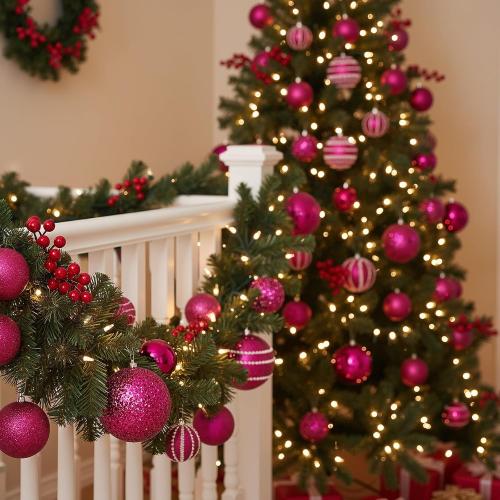 32 Pcs Christmas Hanging Balls - 3 Size Glitter Pearl & Sequin Xmas Tree Ornaments Pearl Balls for Thanksgiving Day Xmas Trees Wreath Garland Holiday Party(Hot Pink)