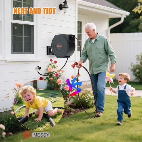 NEOTEC Retractable Garden Hose Reel 1/2 inch x 130ft - Wall Mounted Heavy Duty Hose Reel with 3/4 Inch Brass Fittings & 9-Pattern Nozzle - Auto Rewind System, Any Length Lock, 180° Swivel Bracket
