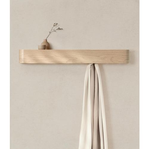 Kazai. Wall-Mounted Coat Rack 'Toke' - Modern Design Coat Rack with Hidden Wall Hooks - Solid Wood Veneer Panel Coat Hanger - Oak, White