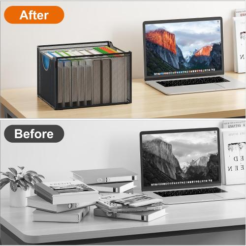 EasyPAG Hanging File Folders Organizer, Black Mesh Filing Crate, Stackable File Folder Storage Box, Desktop Document Holder for Letter Size Papers