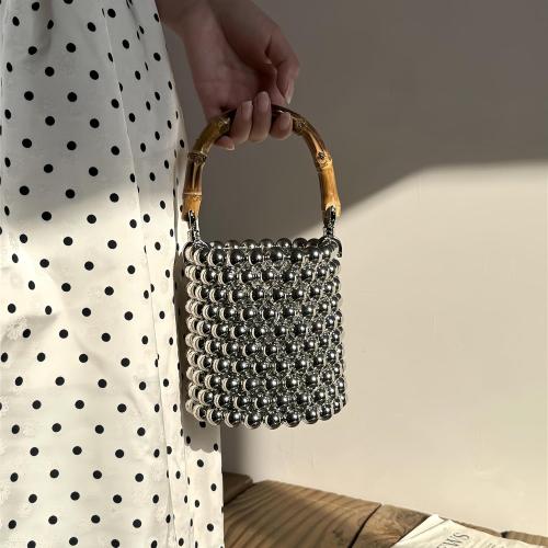 Women's Pearl Beaded Bag Natural Bamboo Handle Purse Handbag for Summer Vacation and Formal Evening Prom