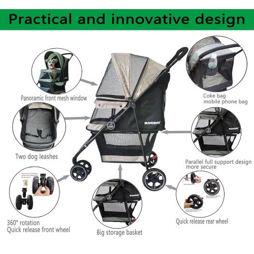 Light Khaki ROODO 3 Wheel Dog Pet Cat Stroller Best Lightweight Foldable Compact Portable Jogger All Terrain Travel Pet Gear Puppy Kitty Stroller for up to 30lbs Medium Small Dogs and Cats(Light Khaki)