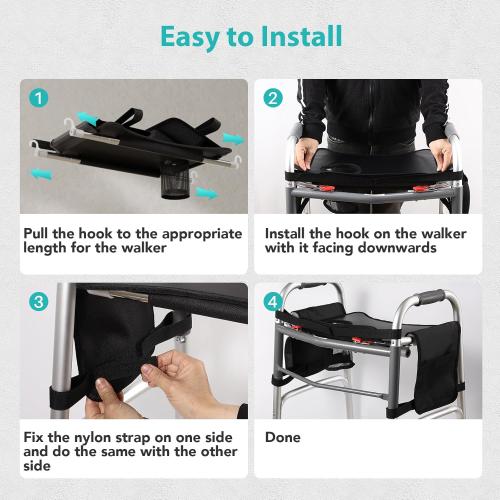 Hook-On Walker Tray, Cup Holder & Tool Free Quick Assembly, Non Slip Mobility Table for Seniors, Multi Functional Removable Tray, Portable Multipurpose Walker Accessories