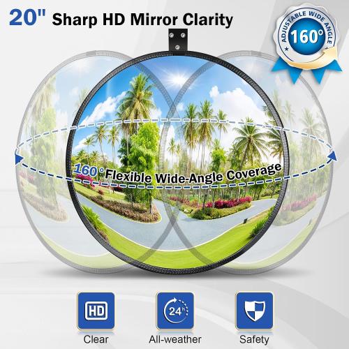 20 HD Acrylic Convex Mirror | 160° Adjustable Wide Angle View, Leather Frame & ABS Back, Blind Spot Mirror for Garage, Warehouse, Driveway, Store & Office