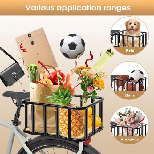 Bike Rear Basket with Waterproof Cover, Cargo Net, Wooden Base, 13.8X11.8X6.7 Heavy Duty Metal Ebike Rear Basket