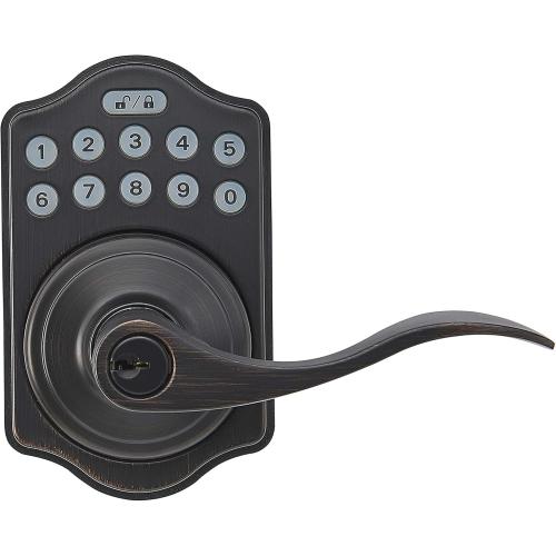 Amazon Basics Electronic Keypad, Keyless Entry Door Lock Deadbolt with Handle Set, Key Pad Front Door with Knob, Door Locks for Front Door, Door Handle, Oil Rubbed Bronze, 1-Pack