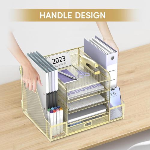 SUPEASY Mesh Desk Organizer with File Holder, 5-Tier Paper Letter Tray Organizer with Magazine Holder, Desktop Organizer and Storage with Drawer for Office Supplies Home or School, Gold