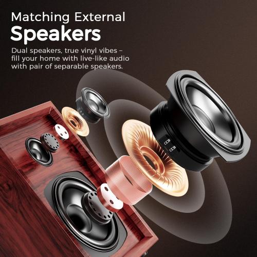 Vinyl Record Player with Dual External Speakers, 3 Speed Vintage Stereo Turntable for Vinyl Records, Bluetooth Input, Auto Stop & Belt Driven System, RCA Out and Aux in