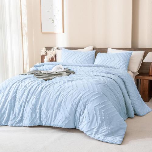 Andency Light Blue Comforter Set Full Size, Boho Soft Warm Tufted Neutral Bedding Comforter Sets for Full Bed, Aesthetic Chevron Cute Bohemian Textured Bedding Set