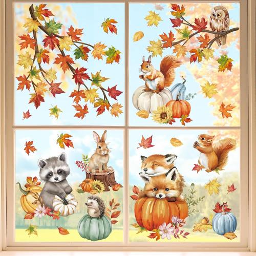 wondever Fall Woodland Animals Window Clings Decals Pumpkin Glass Sticker | Thanksgiving Vinyl Static Cling, Anti Collision, Double-Sided, Reusable Removable, Easy to Apply, for Window Glass Door Home