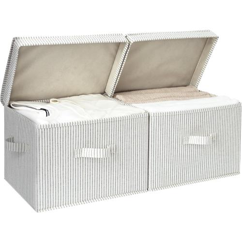StorageWorks Fabric Storage Bins with Lid, Decorative Storage Boxes for Shelves, Stackable Closet Organizer Basket with Handles, Large, Stripes, 2-Pack