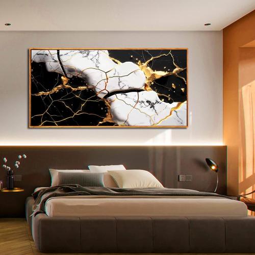 Abstract Wall Art for Bedroom, Black White and Gold Canvas Wall Decor for Living Room, Picture Print Artwork for Office, Size 48 x 24 Inches Framed